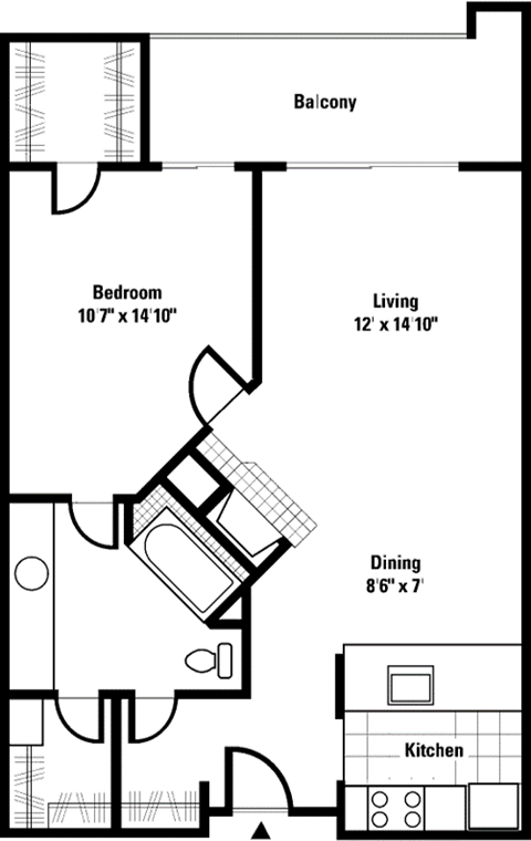 Floor plan for 1 bed, 1 bath, 777 sqft